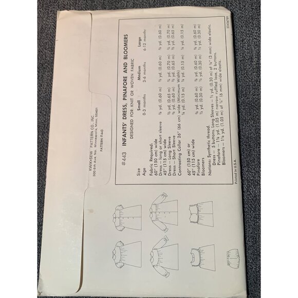 Kwik Sew Infants Dress Pinafore Bloomers Sewing Pattern sz S-L 443 - uncut - Picture 3 of 3